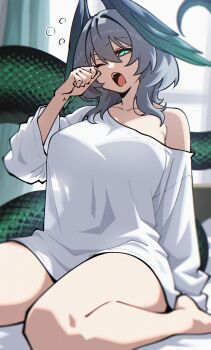 absurdres arknights breasts collarbone commentary dryegen green_eyes grey_hair hair_between_eyes head_wings highres ho&#039;olheyak_(arknights) large_breasts long_sleeves looking_at_viewer medium_hair off_shoulder one_eye_closed open_mouth shirt sitting snake_tail t-shirt tail thighs white_shirt wings yawning