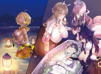 Rule 34 | 1boy, 4girls, animal ears, arahnia taranterra arachnida, black bridal gauntlets, black hair, blonde hair, breasts, bridal gauntlets, centaur, cleavage, commentary request, crying, crying with eyes open, gills, glenn litbeit, hat, highres, holding, holding lantern, horse ears, in coffin, lamia, lantern, large breasts, lulala heine, mermaid, monster girl, monster musume no oisha-san, multiple girls, nurse cap, saphentite neikes, shirt, tan, taur, tears, tisalia scythia, water, white hair, white hat, white shirt, z-ton