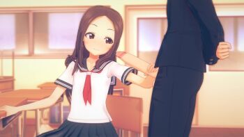 1boy 1girl 3d animated annoyed blue_sailor_collar blue_skirt blush brown_eyes brown_hair closed_mouth cum cum_on_body dot_nose ejaculation facial forehead half-closed_eyes handjob hetero indoors karakai_jouzu_no_takagi-san kodomo_doushi koikatsu_(medium) loli long_hair looking_at_penis looking_to_the_side looking_up looping_animation matching_hair/eyes mokusheep naughty_face neckerchief open_mouth penis precum red_neckerchief sailor_collar school_uniform serious shirt short_sleeves shota sideways_glance sitting skirt smug straight-on sunset table tagme takagi-san tongue tongue_out uncensored upper_body upturned_eyes video white_shirt window