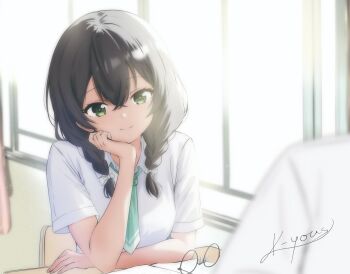 1girl 1other artist_name black-framed_eyewear black_hair blurry book bow braid cevio chair cheek_rest classroom closed_mouth collared_shirt commentary_request depth_of_field desk elbow_rest glasses green_eyes green_necktie hair_bow hanakuma_chifuyu head_on_hand highres k-yous looking_at_viewer low_twin_braids necktie school_chair school_desk shirt short_sleeves signature smile solo_focus sunlight synthesizer_v twin_braids unworn_eyewear white_bow white_shirt window
