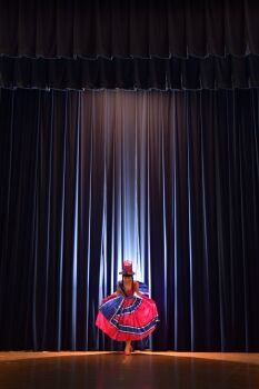 1girl asian black_hair closed_eyes clothes_lift cosplay curtains dress dress_lift feet hat high_heels highres japanese_(nationality) leaning_forward legs lifting_own_clothes long_hair ponytail sakura_taisen sega shinguuji_sakura stage stage_curtains thighs