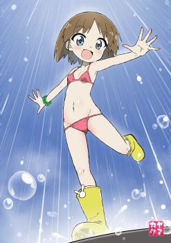 1girl bikini blue_eyes blush boots breasts brown_hair dot_nose exhibitionism girls_und_panzer highres loli looking_at_viewer navel open_mouth playing public_indecency rain red_bikini sakaguchi_karina scrunchie small_breasts solo standing swimsuit wrist_scrunchie yamakake_(tororo1293) yellow_boots