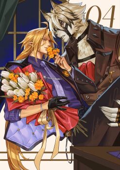 2boys ahoge animal_ear_fluff animal_ears black_choker black_gloves black_hair black_jacket black_nails black_pants blonde_hair body_fur bouquet bracelet buttons carrying choker claws closed_mouth collared_shirt collared_vest commentary crovius curtains double-breasted ear_piercing english_commentary eye_contact eyepatch fingerless_gloves fingernails flower flower_request furry furry_male gloves gold_ring grey_eyes grey_vest hair_between_eyes hand_up highres holding holding_bouquet holding_flower hugo_vlad indoors jacket jacket_partially_removed jewelry lapel_pin lapels long_hair long_sleeves looking_at_another low_ponytail male_focus multicolored_hair multiple_boys muzzle_(mask) nail_polish necktie one_eye_covered open_clothes open_jacket orange_flower pants parted_bangs parted_lips piercing pointy_ears ponytail princess_carry purple_necktie purple_shirt red_eyes ribbon ring shirt short_hair sidelocks single_glove smelling smelling_flower smile standing streaked_hair table tulip very_long_hair vest von_lycaon white_flower white_fur white_hair white_tulip window wolf_boy wolf_ears yaoi zenless_zone_zero