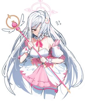 1girl absurdres alternate_costume bare_shoulders blue_archive blush breasts cleavage cosplay cropped_legs detached_sleeves dress flying_sweatdrops hair_ornament hair_over_one_eye halo highres holding holding_staff holding_wand large_breasts long_hair magical_girl patanda pink_halo puffy_sleeves red_eyes simple_background solo staff strapless strapless_dress suzumi_(blue_archive) suzumi_(magical)_(blue_archive) thighhighs very_long_hair wand white_background white_dress white_hair white_thighhighs