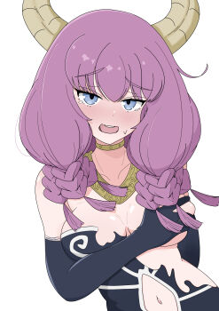 1girl absurdres aura_(sousou_no_frieren) blue_eyes blush braid breasts clothing_cutout demon_horns detached_sleeves dot_nose dress highres horns large_breasts long_hair looking_at_viewer multiple_braids navel navel_cutout nose_blush purple_hair simple_background solo sousou_no_frieren suisei_manuka tearing_up torn_clothes torn_dress white_background