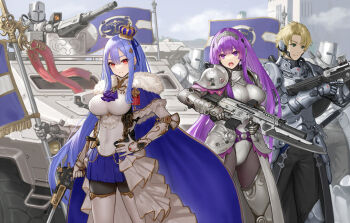 1boy 2girls armor assault_rifle autocannon black_pants blonde_hair blue_cape blue_hair breastplate breasts cannon cape commentary_request dress flag full_armor gauntlets gun handgun helm helmet highres hiyashiru holding holding_flag holding_gun holding_weapon knight large_breasts long_hair military_vehicle multiple_girls original outdoors pants pauldrons plate_armor purple_eyes purple_hair red_eyes rifle short_hair shoulder_armor thighhighs very_long_hair weapon white_dress white_thighhighs
