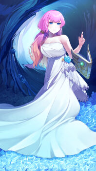 1girl absurdres alternate_costume alternate_hairstyle artist_name bare_shoulders blonde_hair blue_eyes book breasts cleavage dress fire_emblem fire_emblem_heroes flower gunnthra_(fire_emblem) highres ikura_(downdexp) large_breasts long_hair looking_at_viewer multicolored_hair nintendo pink_hair smile solo two-tone_hair white_dress