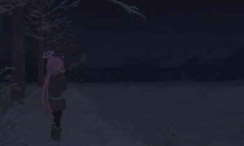 1girl ahoge alternate_costume black_pantyhose blue_archive boots breath bridge brown_skirt brown_sweater closed_eyes cold commentary_request dark enpera field fur-trimmed_boots fur_trim grey_scarf halo hashtag-only_commentary highres hoshino_(blue_archive) jaeb_(kkrt0302) long_hair mittens mountainous_horizon night open_mouth outdoors pantyhose pink_hair pink_halo pink_mittens plaid_clothes plaid_skirt ring_of_light_(blue_archive) scarf skirt snow solo star_(sky) sweater tree very_long_hair wide_shot winter