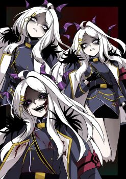 1girl ahoge armband black_coat black_gloves black_skirt blood blood_on_clothes blue_archive breasts coat coat_on_shoulders commentary_request demon_girl demon_horns gloves highres hina_(blue_archive) horns horror_(theme) long_hair looking_at_viewer nagai_negi open_mouth purple_eyes red_armband skirt small_breasts upper_body very_long_hair white_hair