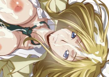 1girl after_fellatio bed big_breasts blonde_hair blue_eyes breasts code_geass collarbone cum cum_in_mouth cum_on_body cum_on_breasts cum_on_hair cum_on_upper_body facial female_focus kyabakurabakufu looking_at_viewer lying milly_ashford necktie nipples no_bra on_back open_clothes parted_lips pillow school_uniform short_hair smile source_request sweat upper_body