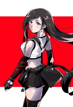 1girl ass_peek bare_shoulders black_gloves black_hair black_skirt black_thighhighs breasts closed_mouth commentary_request cowboy_shot crop_top earrings elbow_gloves final_fantasy final_fantasy_vii final_fantasy_vii_remake from_behind from_side gloves highres jewelry long_hair looking_at_viewer medium_breasts miniskirt motsutei red_eyes single_arm_guard single_earring skirt solo suspender_skirt suspenders tank_top thighhighs tifa_lockhart very_long_hair white_tank_top