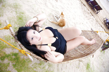 1girl asian black_hair breasts chouzuki_maryou dog large_breasts photo_(medium) plump solo swimsuit