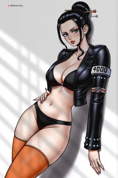 1girl 2025 adapted_costume ai-assisted aqua_eyes bikini black_bikini black_hair black_jacket blue_eyes breasts chinese_clothes cleavage collarbone commentary cropped_jacket earrings english_commentary hair_bun hair_ornament hair_stick hand_on_own_stomach highres jacket jewelry large_breasts long_sleeves looking_at_viewer navel nico_robin nico_robin_(egghead) one_piece orange_thighhighs parted_lips patreon_logo patreon_username pink_nails prixmal sidelocks single_hair_bun solo stomach swimsuit thighhighs twitter_username