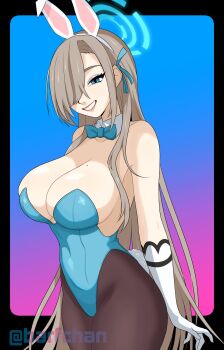 1girl animal_ears asuna_(blue_archive) asuna_(bunny)_(blue_archive) barfchan blonde_hair blue_archive blue_bow blue_bowtie blue_eyes blue_halo blue_leotard blue_ribbon bow bowtie breasts cleavage detached_collar fake_animal_ears hair_over_one_eye halo highres large_breasts leotard long_hair mole mole_on_breast playboy_bunny ribbon simple_background solo strapless strapless_leotard traditional_bowtie very_long_hair