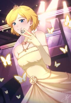 1girl bare_shoulders blonde_hair blue_eyes breasts bug butterfly closed_mouth commentary_request diadem dress elbow_gloves flower gloves hand_up highres holding indoors insect jewelry looking_at_viewer medium_breasts meng_(prism_shining) necklace pretty_rhythm pretty_rhythm_aurora_dream pretty_series rose short_hair signature smile solo stage stage_lights strapless strapless_dress takamine_mion yellow_dress yellow_flower yellow_gloves yellow_rose