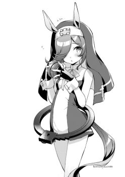 animal_ears arrow_(symbol) bare_shoulders blush bridget_(guilty_gear) bridget_(guilty_gear)_(cosplay) commentary_request cosplay cuffs dress ears_through_headwear fingerless_gloves flying_sweatdrops gloves greyscale guilty_gear guilty_gear_strive hair_over_one_eye handcuffs holding horse_ears horse_girl horse_tail koruri long_hair monochrome parted_lips rice_shower_(umamusume) simple_background sleeveless sleeveless_dress standing tail umamusume veil watermark web_address white_background yo-yo