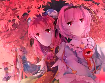 6+girls autumn_leaves belt black_hairband blonde_hair blue_dress blue_hat blue_shirt bow brown_belt brown_tabard bun_cover buttons coin_(ornament) collar commentary_request covering_face double_bun dress expressionless flower_on_chest folding_fan frilled_collar frilled_sleeves frills green_skirt hair_bow hair_bun hair_ornament hairband hakurei_reimu hand_fan hat heart heart_button heart_hair_ornament holding holding_fan ibaraki_kasen japanese_clothes komeiji_satori leaf light_smile maple_leaf maple_tree medium_hair mob_cap multiple_girls onozuka_komachi pink_background pink_eyes pink_hair purple_dress red_bow red_hair saigyouji_yuyuko shirt short_hair skirt tabard third_eye touhou tree triangular_headpiece white_collar white_hat white_shirt yakumo_yukari zukapin