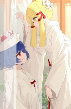 2girls blonde_hair blue_hair blush chimi_(s2yuyukos2) closed_mouth commentary curtains eye_contact flower hair_flower hair_ornament hair_ribbon hat highres japanese_clothes kimono long_hair long_sleeves looking_at_another moriya_suwako multiple_girls red_eyes red_ribbon ribbon short_hair smile touhou tress_ribbon uchikake white_flower white_hat white_kimono wide_sleeves wife_and_wife yasaka_kanako yuri