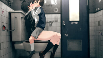 1boy 1girl age_difference black_footwear black_hair black_jacket black_legwear blush bob_cut breasts brown_footwear brown_hair closed_eyes commentary_request door dress_shirt graffiti grey_shorts grey_skirt hands_on_another&#039;s_cheeks hands_on_another&#039;s_face head_grab hetero highres indoors jacket kemuri_haku kiss knees_up legs_up light_switch loafers onee-shota original pleated_skirt prostitution school_uniform shirt shoes short_hair shorts shota shotadom sitting skindentation skirt socks straddling sweat thighs tile_wall tiles toilet white_shirt