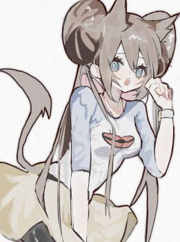 Rule 34 | 1girl, 3y35, :o, animal ears, black pantyhose, blue eyes, blue sleeves, breasts, brown hair, cat ears, cat girl, cat tail, commentary request, donut hair bun, double bun, hair bun, highres, long hair, looking at viewer, nintendo, open mouth, pantyhose, poke ball print, pokemon, pokemon bw2, raglan sleeves, rosa (pokemon), simple background, skirt, solo, standing, tail, twintails, upper body, visor cap, white background, yellow skirt