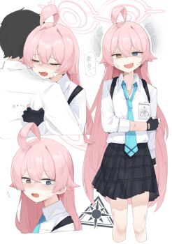 1boy 1girl black_hair black_skirt blue_archive blue_eyes blue_necktie closed_eyes crying fang gurenola hair_between_eyes heterochromia highres hoshino_(blue_archive) hug long_hair necktie open_mouth pink_hair pulling_another's_clothes sensei_(blue_archive) shaded_face shirt short_hair skirt speech_bubble strap sweatdrop white_shirt yellow_eyes