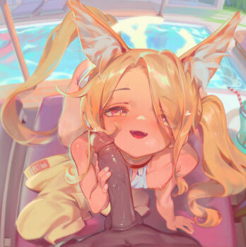 1boy 1girl above-cleavage_cutout absurdres all_fours animal_ear_fluff animal_ears between_breasts blonde_hair blue_archive blush breasts clothes_between_breasts clothing_cutout cup diamond_cutout drinking_straw extra_ears flat_chest forehead fox_ears fox_girl fox_tail hair_over_one_eye halo hetero highres jacket loli long_hair long_sleeves looking_at_viewer nipples one-piece_swimsuit open_mouth parted_bangs penis pool poolside pov red_eyes seia_(blue_archive) seia_(swimsuit)_(blue_archive) side_ponytail sidelocks smile swimsuit tail testicles uncensored unworn_jacket villainchin visor_cap water white_one-piece_swimsuit yellow_halo yellow_jacket yellow_visor