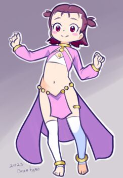 1girl 2025 20s :> anklet bikini bikini_top_only blush blush_stickers dancer digimon digimon_tamers drantyno grey_background harem_outfit highres jewelry lee_shaochung loli long_sleeves looking_at_viewer navel pelvic_curtain pink_shrug purple_hair red_eyes short_hair shrug_(clothing) smile standing swimsuit thighhighs thighlet toeless_legwear twintails white_bikini white_thighhighs