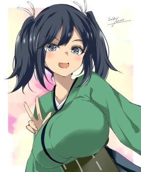 1girl artist_name blue_eyes blue_hair blush breasts clover_balloon commentary_request dated gakky green_hakama green_kimono hair_ribbon hakama hakama_short_skirt hakama_skirt highres japanese_clothes kantai_collection kimono large_breasts looking_at_viewer open_mouth ribbon short_hair skirt smile solo souryuu_(kancolle) twintails upper_body v yellow_background
