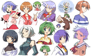 1boy 6+girls aqua_eyes aquaplus ascot asou_asuna black_gloves black_hair black_sweater blue_eyes blue_hair blue_shirt blush bow brown_eyes brown_hair brown_jacket brown_pants brown_shoes cardigan chibi closed_mouth collared_shirt comic_party company_connection dr2_night_janki elbow_gloves empty_eyes gloves green_eyes green_hair green_skirt haga_reiko hairband highres iwakiri_hanae jacket kashiwagi_azusa kizuato kuhonbutsu_taishi leaf_(studio) long_hair long_sleeves lumira_di_dural multi_(to_heart) multiple_girls nagaoka_shiho ooba_eimi open_mouth orange-tinted_eyewear orange_shirt pants pink_bow pleated_skirt pointy_ears purple_eyes purple_hair purple_jacket red_ascot red_eyes red_sailor_collar red_skirt robot_ears sailor_collar school_uniform serafuku shirt shizuku_(game) shoes short_hair simple_background skirt smile socks spdcooler sunglasses suspenders sweater tasogare tearing_up tenshi_no_inai_12-gatsu tinted_eyewear to_heart to_heart_(series) to_heart_2 tonami_yuma tsukishima_ruriko white_background white_cardigan white_hair white_hairband white_sailor_collar white_shirt white_socks yellow_shirt