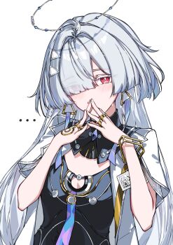 ... 1girl absurdres black_dress blush breasts colored_eyelashes commentary dress earrings eyes_visible_through_hair grey_hair hair_over_one_eye halo highres id_card jacket jewelry leria_v long_hair looking_at_viewer mornye_(wuthering_waves) red_eyes simple_background small_breasts solo steepled_fingers symbol-only_commentary triangle_earrings upper_body white_background white_jacket wuthering_waves