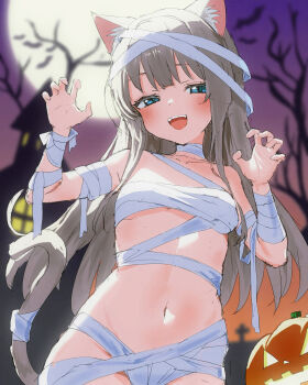 1girl 4o4_n0t_fankal :d absurdres animal_ears bandages blue_eyes blurry breasts budget_sarashi building cat_ears cat_girl cat_tail claw_pose cowboy_shot cross depth_of_field full_moon grey_hair halloween halloween_costume highres jack-o&#039;-lantern long_hair looking_at_viewer moon mummy_costume naked_bandage navel night open_mouth original sarashi smile stomach tail underboob