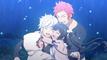 2boys 2girls :d affectionate anime_coloring arms_around_neck backless_dress backless_outfit bell bell_cranel black_hair black_shirt blue_ribbon blunt_bangs breast_press breasts brown_hair closed_eyes danmachi_battle_chronicle dirty dirty_face dress dungeon_ni_deai_wo_motomeru_no_wa_machigatteiru_darou_ka game_cg gloves hair_bell hair_ornament hair_ribbon hand_on_another&#039;s_head happy headpat heads_together hestia_(danmachi) highres hood hood_up hooded_coat hug large_breasts liliruca_arde long_hair multiple_boys multiple_girls non-web_source official_art open_mouth red_hair rei_no_himo ribbon sandwiched shirt short_hair sleeveless smile spiked_hair twintails welf_crozzo white_dress white_gloves white_hair white_ribbon