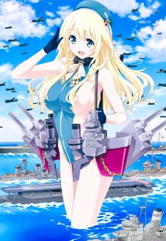 1girl adapted_costume aircraft aircraft_carrier airplane aqua_eyes armpit_crease ascot atago_(kancolle) bare_shoulders beret blonde_hair blue_gloves blue_hat blue_one-piece_swimsuit breasts commentary_request day giant giantess gloves groin hand_up hat highres kantai_collection large_breasts long_hair looking_at_viewer military_vehicle ocean one-piece_swimsuit open_mouth outdoors propeller_fighter ship sideboob sideless_swimsuit sky smile solo standing swimsuit wading warship watanabe_yoshihiro water watercraft white_ascot