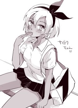 1girl bag bea_(pokemon) blush bow collared_shirt cookie eating food greyscale hair_bow hair_ribbon hakata_no_kuma handbag heart japanese_text looking_at_viewer monochrome nintendo official_alternate_costume pleated_skirt pokemon pokemon_swsh ribbon shirt short_hair sitting skirt solo
