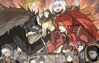 arm_wrestling armor black_hair blonde_hair broken_horn brown_hair cape crack dark-skinned_female dark-skinned_male dark_skin deadpan drunk furry gebura_(project_moon) gin_(project_moon) grey_eyes grey_hair grip growling horns kankan33333 library_of_ruina long_hair maxim_(project_moon) medium_hair myo_(project_moon) nikolai_(project_moon) olga_(project_moon) project_moon red_eyes red_hair rudolph_(project_moon) sayo_(project_moon) scar scar_across_eye scar_on_face short_hair shouting smoking sweatdrop tanya_(project_moon) translation_request white_hair yang_(project_moon) yellow_eyes