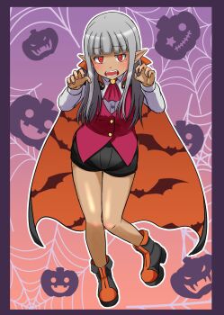 1girl animal_print ascot bat_print black_boots black_shorts blunt_bangs boots cape claw_pose collared_cape dark-skinned_female dark_elf dark_skin elf fangs full_body gradient_background halloween halloween_costume highres jack-o&#039;-lantern karla_(kono_healer_mendokusai) kono_healer_mendokusai long_sleeves multicolored_boots official_art orange_background orange_boots orange_cape pointy_ears pumpkin purple_background red_ascot red_eyes red_vest short_shorts shorts standing standing_on_one_leg tannen_ni_hakkou teeth vampire vest white_shorts