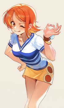1girl :p bangle bare_legs blue_shirt bracelet breasts commentary daniel_deng feet_out_of_frame hair_behind_ear hand_on_own_hip hand_up highres jewelry leaning_forward licking_lips light_blush log_pose looking_at_viewer medium_breasts miniskirt money_gesture nami_(one_piece) nami_(one_piece)_(east_blue) one_eye_closed one_piece orange_eyes orange_hair shirt short_hair short_sleeves shoulder_tattoo simple_background single_sidelock skirt smile solo striped_clothes striped_shirt tattoo tongue tongue_out two-tone_shirt v-neck white_shirt wink yellow_skirt