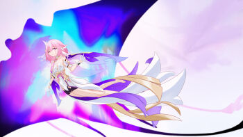 1girl absurdres bare_shoulders barefoot black_shorts breasts chinese_commentary commentary_request corset elysia_(herrscher_of_human:_ego)_(honkai_impact) elysia_(honkai_impact) feet gloves highres honkai_(series) honkai_impact_3rd large_breasts manta_ray multicolored_hair pink_hair purple_eyes short_hair short_shorts shorts simple_background solo spirit_of_origin_(honkai_impact) toes triquetra two-tone_hair white_background white_corset white_gloves white_hair wuling_yl