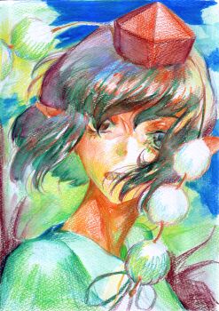 Rule 34 | 1girl, abstract, absurdres, collared shirt, colored pencil (medium), colorful, commentary request, faux traditional media, frown, hat, highres, hotoke party, looking at viewer, looking to the side, pointy ears, pom pom hat ornament, portrait, red hat, shameimaru aya, sharp teeth, shirt, short hair, solo, teeth, tokin hat, touhou, traditional media, wings