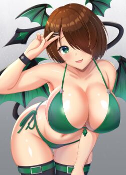 1girl :d bare_arms bikini black_thighhighs blush breasts brown_hair cleavage collarbone commentary_request demon_girl demon_tail demon_wings gradient_background green_bikini green_eyes grey_background hair_ornament hair_over_one_eye hairclip highres large_breasts leaning_forward looking_at_viewer navel open_mouth original pinesphere side-tie_bikini_bottom simple_background smile solo swimsuit tail thighhighs v wings