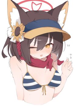 1girl :o animal_ear_fluff animal_ears armpit_crease bare_arms bare_shoulders bikini blue_archive blue_bikini blush breasts brown_hair collarbone dot_nose eyeshadow fang flower fox_ears fox_girl front-tie_bikini_top front-tie_top hair_between_eyes hair_flower hair_ornament halo hand_up highres izuna_(blue_archive) izuna_(swimsuit)_(blue_archive) looking_at_viewer makeup medium_breasts medium_hair midriff multicolored_bikini one_eye_closed parted_lips pink_eyeshadow pink_halo pom_pom_(clothes) pom_pom_hair_ornament red_scarf scarf sidelocks simple_background skin_fang solo striped_bikini striped_clothes sunflower sunflower_hair_ornament sweatdrop swimsuit tassel tassel_hair_ornament tntl_nemui translated trembling upper_body v visor_cap white_background white_bikini yellow_bikini yellow_eyes
