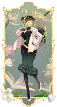 1girl absurdres bag belt black_dress black_pantyhose border breasts cleavage cleavage_cutout clothing_cutout clover_vonclaire colored_eyelashes dress flower full_body gold_border gradient_clothes gradient_dress green_dress green_hair hair_bun headpiece highres idoloid jacket long_sleeves looking_at_viewer mcdid_studio non-web_source official_art open_clothes open_jacket ornate_border pantyhose pink_eyes shoes short_hair single_hair_bun small_breasts solo transparent_background utau white_belt white_jacket white_shoes