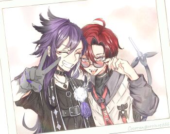 2boys absurdres adjusting_eyewear ahoge alternate_costume artist_name banzoin_hakka banzoin_hakka_(2nd_costume) belt black-framed_eyewear black_belt black_choker black_shirt black_skin blue_eyes border chest_belt choker closed_eyes colored_skin commentary_request diamond_choker face_piercing fangs grey_shirt grin hair_between_eyes hand_up highres holostars holostars_english jacket jewelry lip_piercing long_hair looking_at_viewer machina_x_flayon male_focus mechanical_tail mouth_piercing multicolored_hair multicolored_skin multiple_boys multiple_piercings necktie open_mouth orcinus666 piercing purple_hair purple_nails red_border red_hair red_necktie shirt short_hair short_sleeves simple_background smile snakebite_(piercing) streaked_hair sweater_vest tail tassel tongue tongue_out upper_body v virtual_youtuber white_background white_hair white_sweater_vest zipper zipper_pull_tab