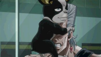 1boy angry animated animated_gif blue_eyes dog earrings fart grey_hair iggy_(jojo) jean_pierre_polnareff jewelry jojo_no_kimyou_na_bouken lowres smile