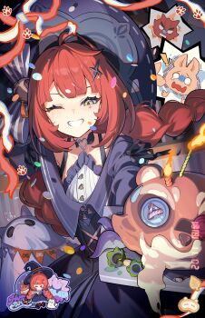 1girl absurdres ahoge alice_thymefield black_choker black_dress black_hat black_ribbon blush bow braid buttons cake candle character_name chinese_commentary choker commentary_request confetti dated dress eyelashes fire floating_hair flying_sweatdrops food frills ghost_costume green_eyes grin hair_bow hair_ornament halloween_costume happy_birthday hat heart heart_choker highres holding holding_tray indoors kamanosuke_(zenless_zone_zero) komano_manato long_hair long_sleeves looking_at_viewer low_twin_braids off-shoulder_dress off_shoulder official_art one_eye_closed outstretched_arm paw_print purple_dress red_hair ribbon scared shirt sidelocks smile streamers string_of_flags striped_bow teeth tray twin_braids ukinami_yuzuha very_long_hair white_shirt witch_hat zenless_zone_zero