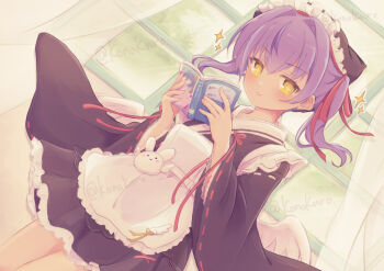 >:) +_+ 1girl \||/ apron black_kimono black_skirt blush book borrowed_character closed_mouth commentary_request commission cowboy_shot curtains day doyagao dutch_angle floating_hair frilled_apron frilled_skirt frills hair_between_eyes hair_intakes hair_ribbon hands_up highres holding holding_book indoors japanese_clothes kimono konoquro long_sleeves looking_at_viewer maid maid_apron maid_headdress medium_hair miniskirt open_book original pleated_skirt purple_hair red_ribbon ribbon ribbon-trimmed_sleeves ribbon_trim skeb_commission skirt smile smug solo sparkle twintails twitter_username v-shaped_eyebrows wa_maid watermark white_apron wide_sleeves window yellow_eyes