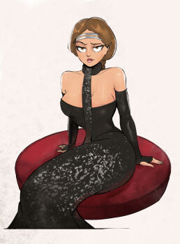 Rule 34 | 1girl, absurdres, black dress, black gloves, brooch, brown hair, circlet, commentary, dress, elbow gloves, english commentary, fingerless gloves, gloves, grey background, highres, jewelry, looking at viewer, official alternate costume, padme amidala, simple background, sitting, sleeveless, sleeveless dress, solo, star wars, star wars: attack of the clones, thrayn