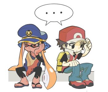 ... 1boy 1girl agent_3_(splatoon) baseball_cap black_eyes black_hair black_leggings blue_hat blue_pants captain_3_(splatoon) closed_mouth collarbone company_connection eyes_visible_through_headwear frown hand_on_headwear hand_on_own_cheek hand_on_own_face hat headgear high_collar highres inkling inkling_girl inkling_player_character korean_commentary leggings long_hair nintendo orange_hair pants patchwork_clothes peaked_cap pokemon pokemon_frlg poncho red_(pokemon) red_eyes sandals shared_speech_bubble shoes short_hair short_sleeves simple_background sitting speech_bubble splatoon_(series) splatoon_3 spoken_ellipsis tentacle_hair torn_clothes torn_leggings trait_connection very_long_hair white_background yabi_(akfkzkcl) yellow_bag