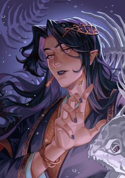 1boy air_bubble animal_skeleton black_hair black_lips black_nails blue_hanfu bone bright_pupils brown_eyes bubble chinese_clothes colored_inner_hair commentary earrings english_commentary fish_skeleton frown glowing glowing_eyes gold_earrings gold_trim hair_ornament hanfu he_xuan highres jewelry looking_at_viewer male_focus multicolored_hair multiple_piercings open_mouth pointy_ears portrait purple_background purple_hair purple_theme scale_print skeleton solo tianguan_cifu underlighting underwater verbartt