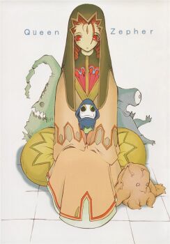 1girl character_name character_request creature queen_zephyr red_eyes simple_background sitting tagme typo uguisu_kagura uguisuya white_background xenogears